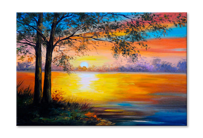 Tree Near The Lake Oil Painting Wall Art Limited Edition High Quality Print Stretched Canvas None