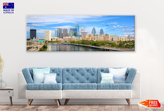 Panoramic Canvas Philadelphia City & Blue Sky View High Quality 100% Australian Made Wall Canvas Print Ready to Hang