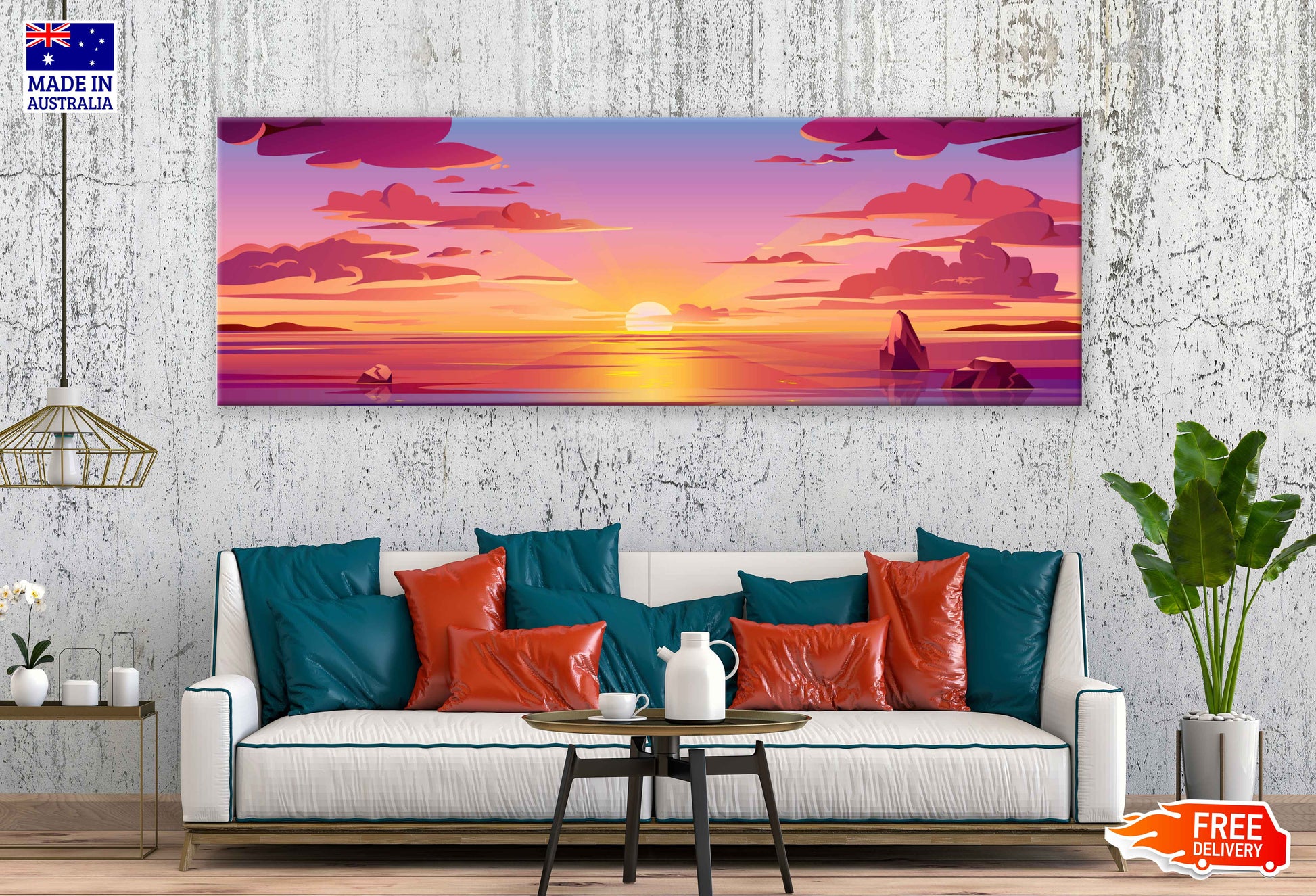 Panoramic Canvas Ocean Sunrise Vector Design High Quality 100% Australian Made Wall Canvas Print Ready to Hang