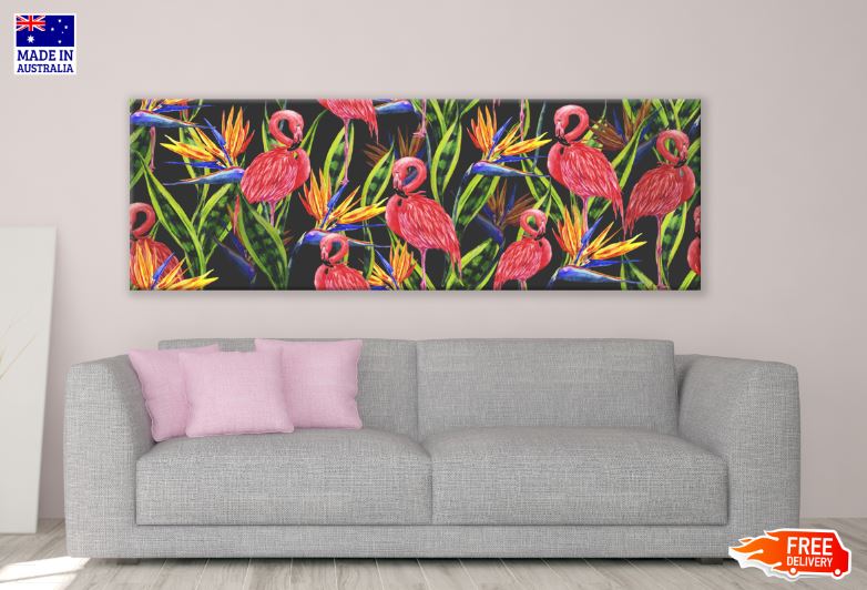 Panoramic Canvas Flamingo Birds & Floral Painting High Quality 100% Australian made wall Canvas Print ready to hang