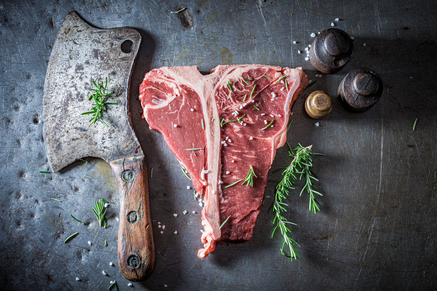 Tasty Red Steak on Old Metal Table Photograph Print 100% Australian Made