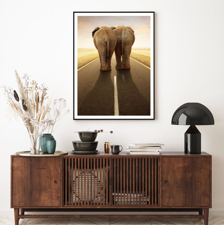 Elephants Walk on Road Photograph Home Decor Premium Quality Poster Print Choose Your Sizes