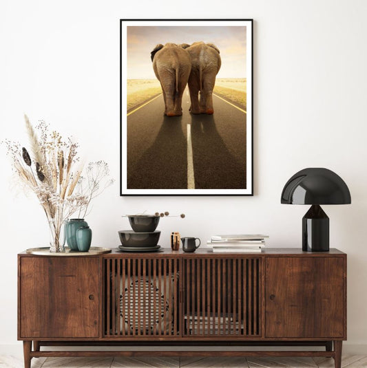 Elephants Walk on Road Photograph Home Decor Premium Quality Poster Print Choose Your Sizes