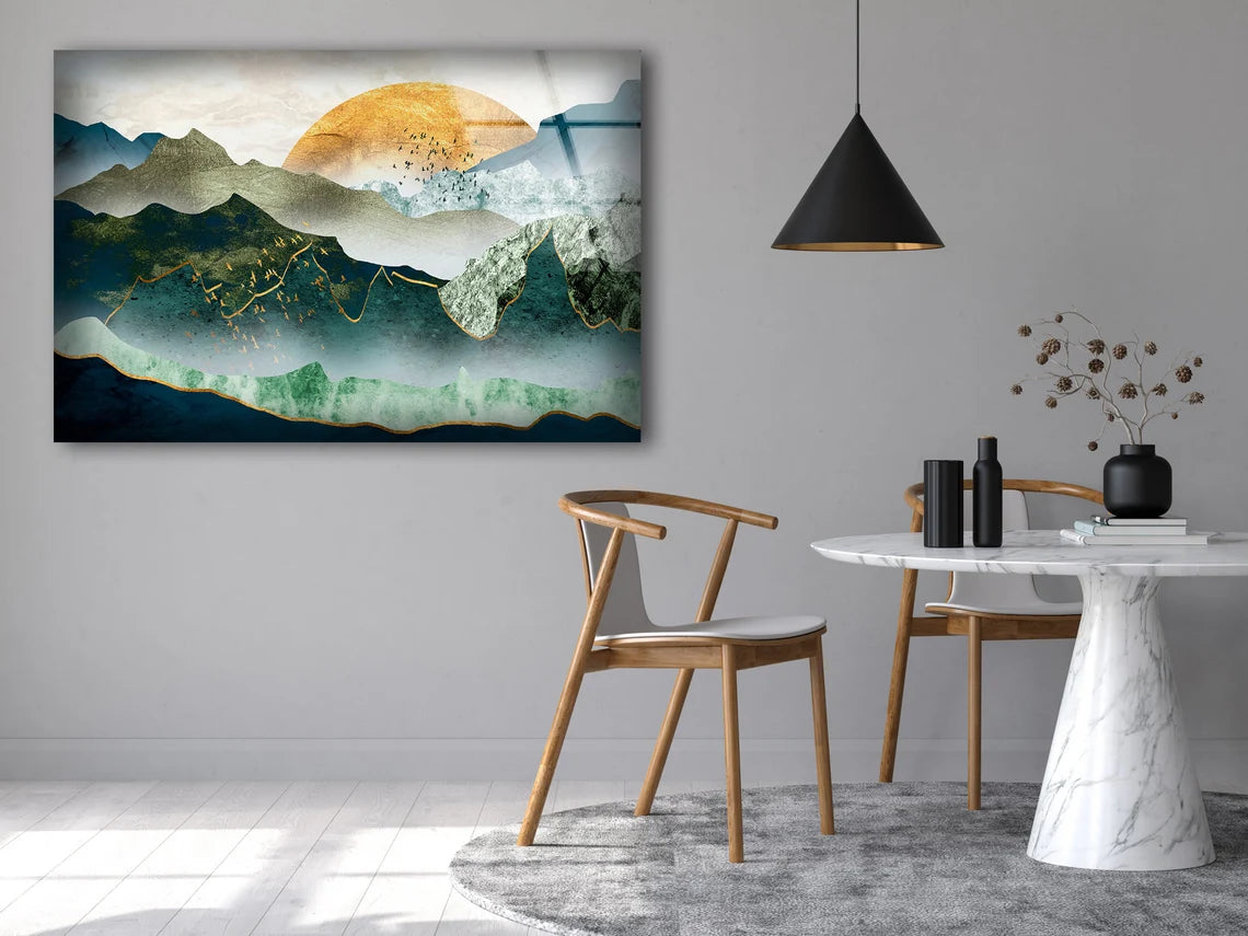 Mountain & Sun Vector Art Acrylic Glass Print Tempered Glass Wall Art 100% Made in Australia Ready to Hang