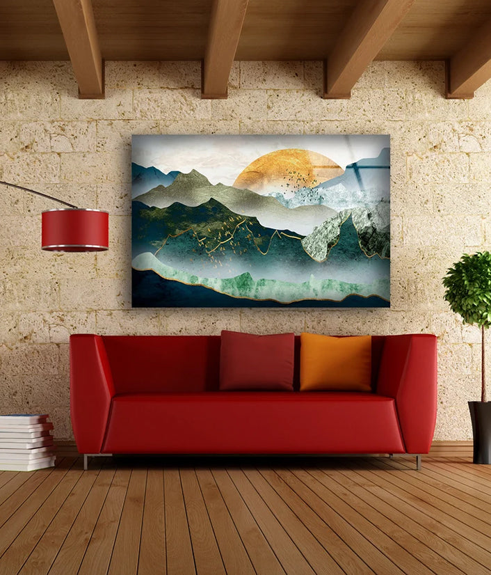 Mountain & Sun Vector Art Acrylic Glass Print Tempered Glass Wall Art 100% Made in Australia Ready to Hang