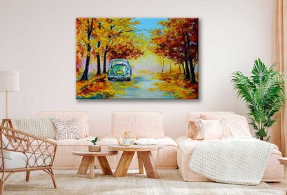 Bella Home Car in The Autumn Forest Road Painting Print Canvas Ready to hang