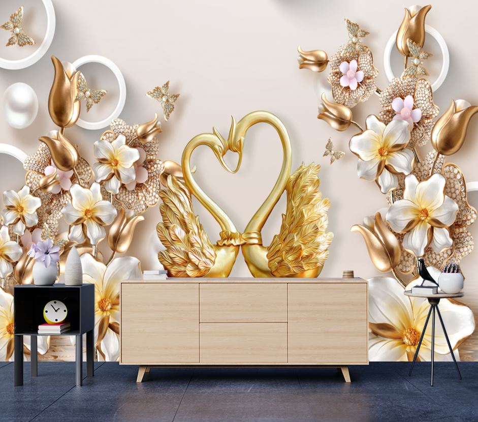 Wallpaper Murals Peel and Stick Removable 3D Gold Peacocks & Flowers Design High Quality