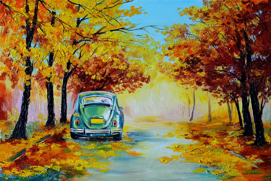 Bella Home Car in The Autumn Forest Road Painting Print Canvas Ready to hang