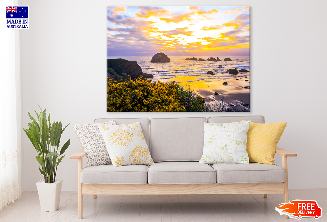 Rocks On Sea Sunset Sky View Print 100% Australian Made
