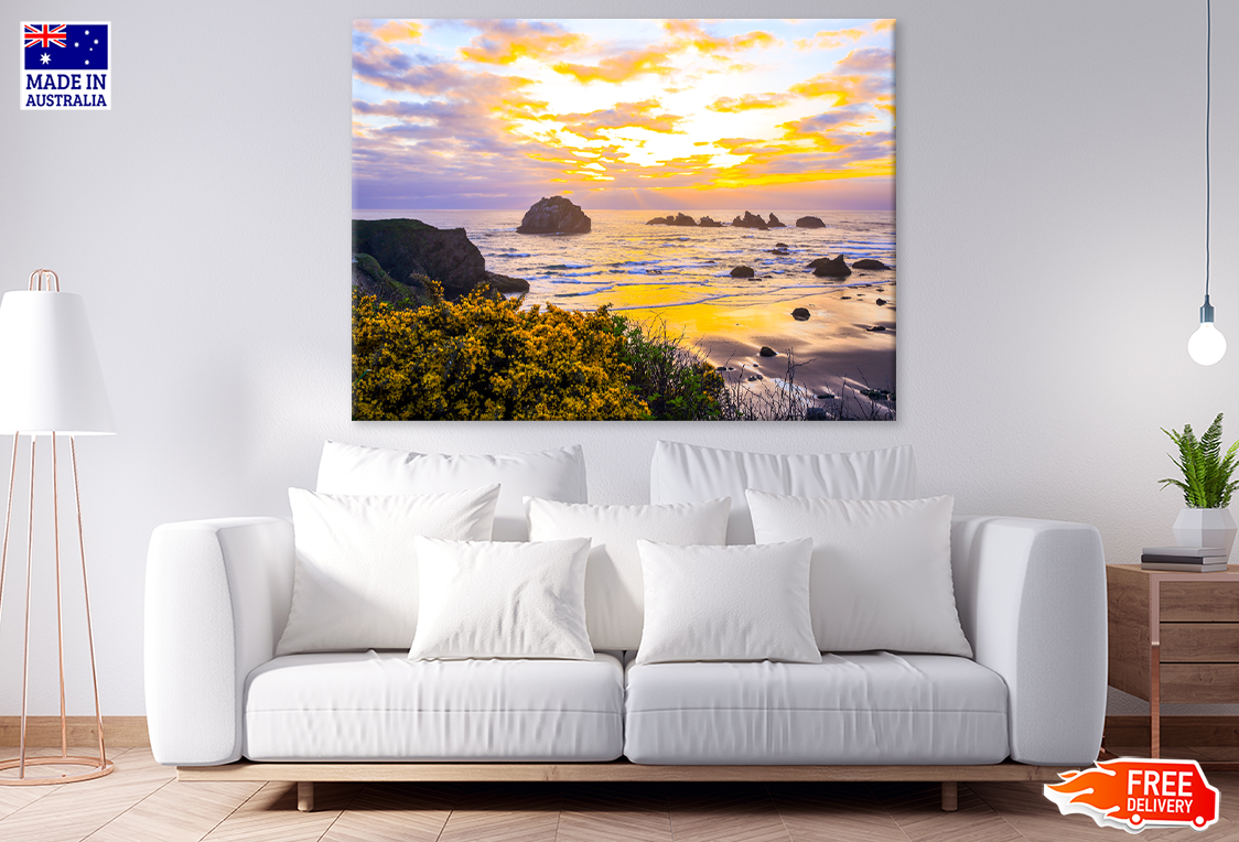 Rocks On Sea Sunset Sky View Print 100% Australian Made