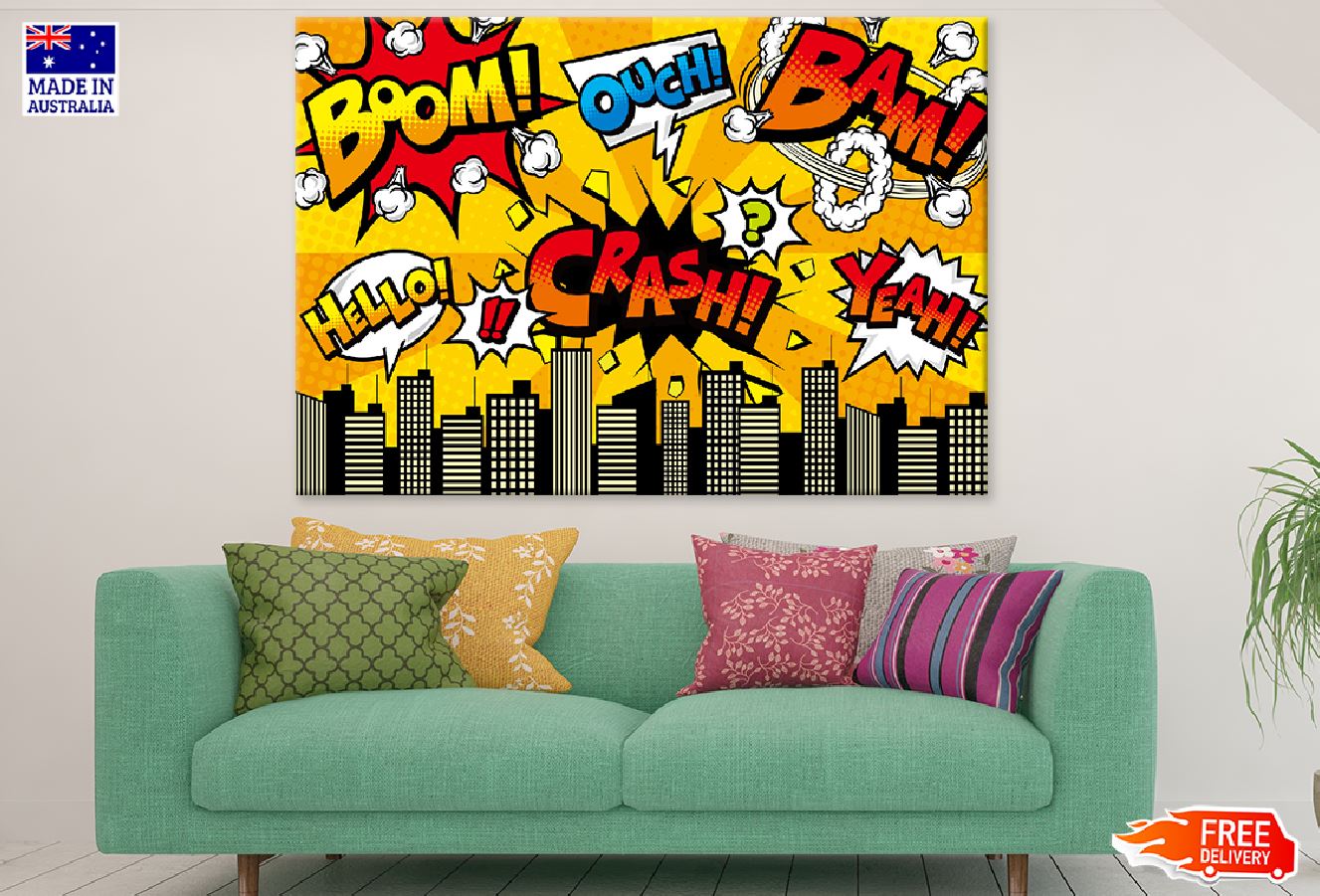 BOOM CRASH HELLO OUCH BAM YEAH Chat Bubbles Illustration Print 100% Australian Made