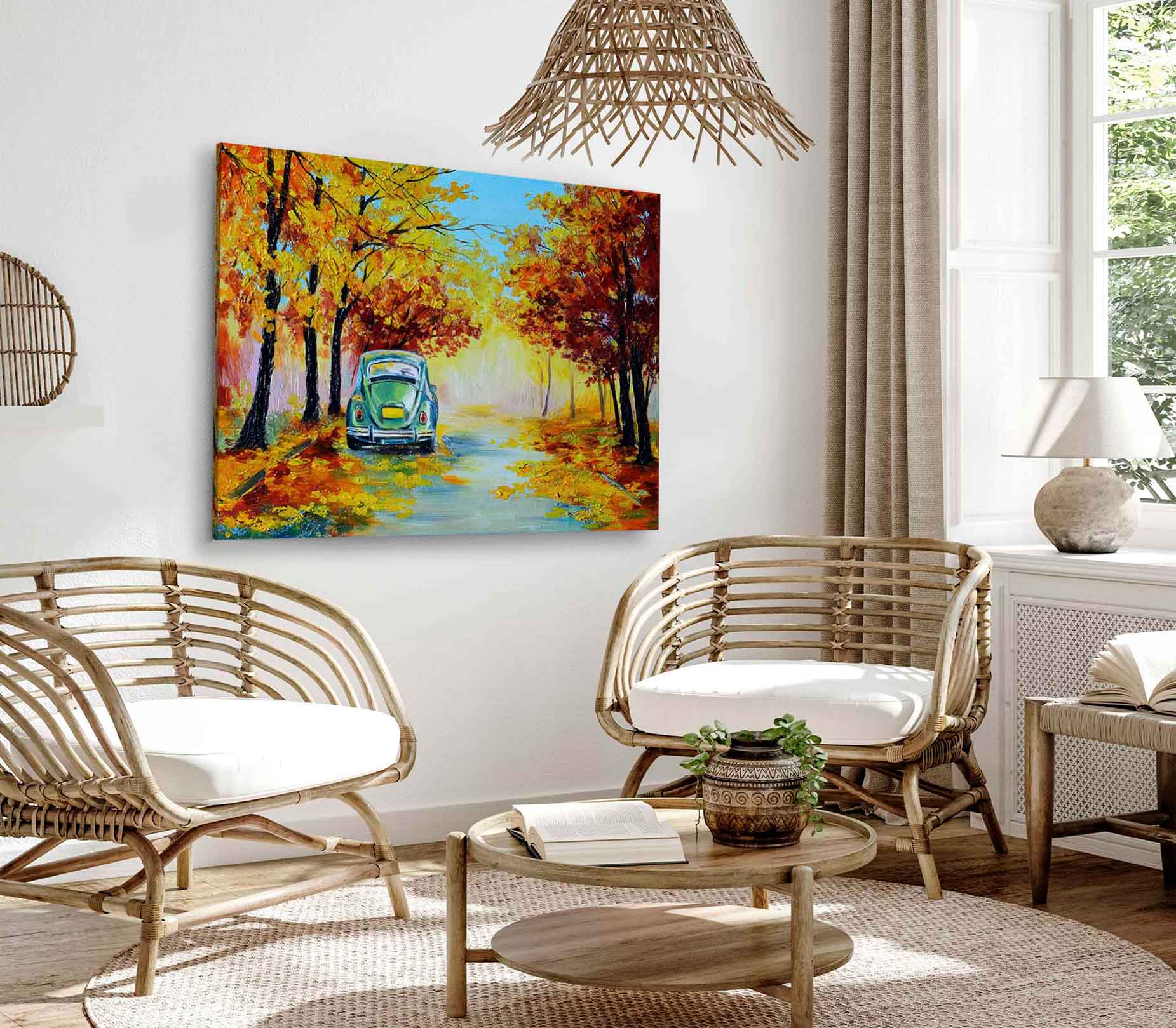 Bella Home Car in The Autumn Forest Road Painting Print Canvas Ready to hang