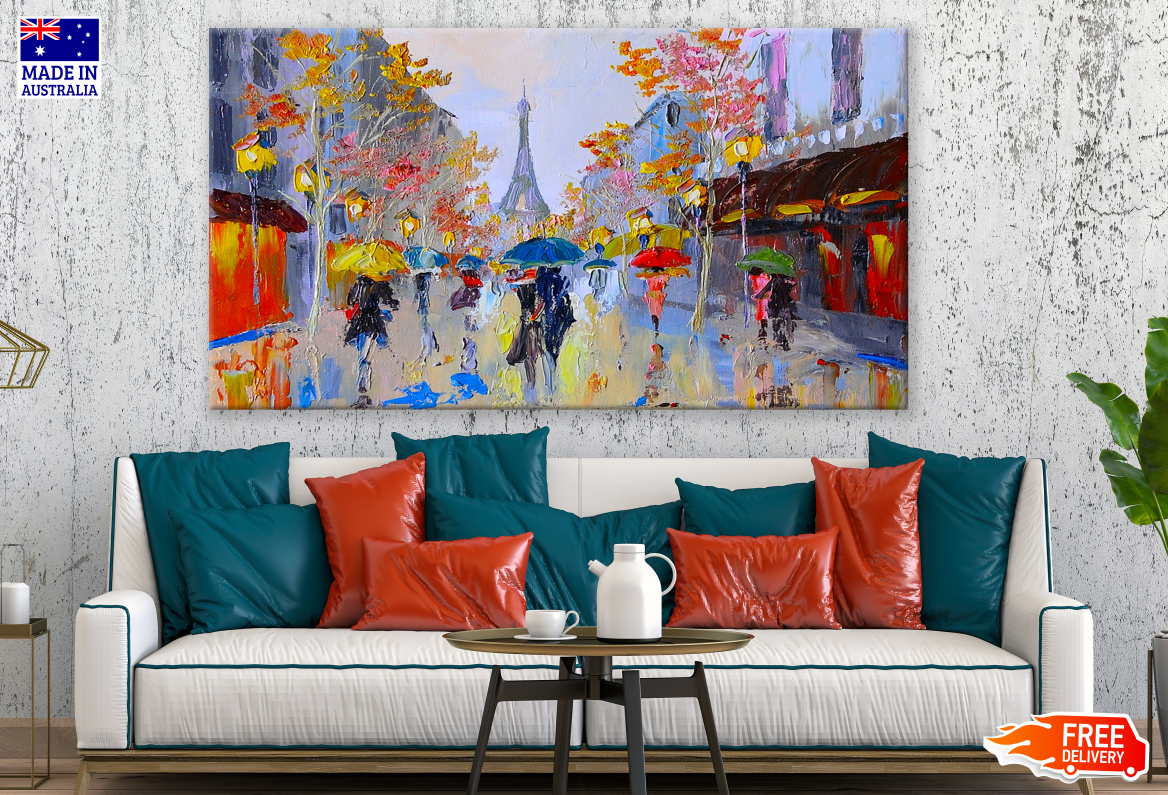 People Walking in Rain Eiffel Tower Painting Print 100% Australian Made