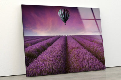 Hot Air Balloon Over Purple Flower Field Photograph Acrylic Glass Print Tempered Glass Wall Art 100% Made in Australia Ready to Hang