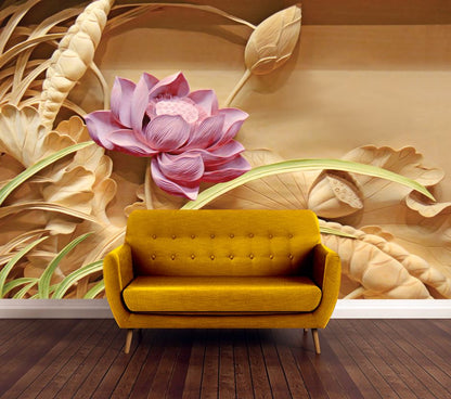 Wallpaper Murals Peel and Stick Removable Wood Carving of Lotus Flower Photograph High Quality