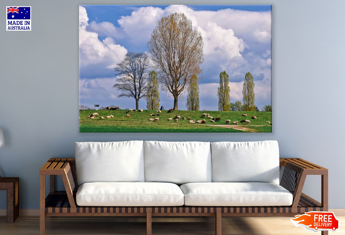 Sheep On The Grass Field With Big Trees Photograph Print 100% Australian Made