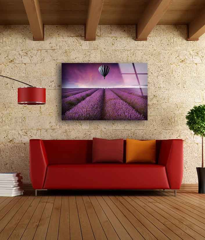 Hot Air Balloon Over Purple Flower Field Photograph Acrylic Glass Print Tempered Glass Wall Art 100% Made in Australia Ready to Hang