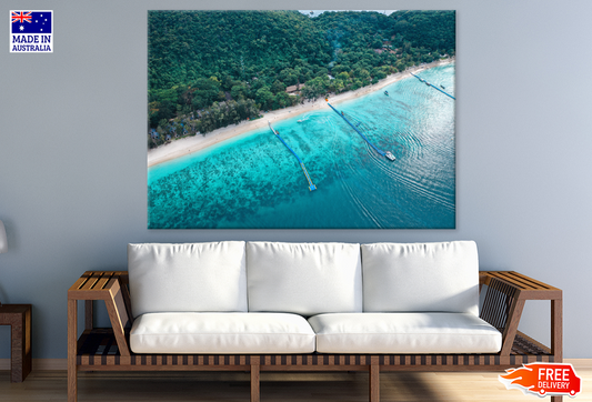 Boat On Sea & Forest Aerial View Print 100% Australian Made