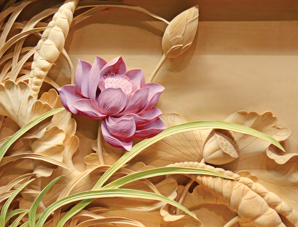 Wallpaper Murals Peel and Stick Removable Wood Carving of Lotus Flower Photograph High Quality