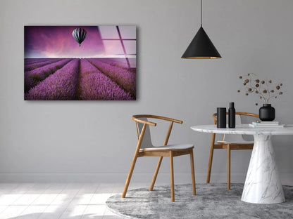 Hot Air Balloon Over Purple Flower Field Photograph Acrylic Glass Print Tempered Glass Wall Art 100% Made in Australia Ready to Hang