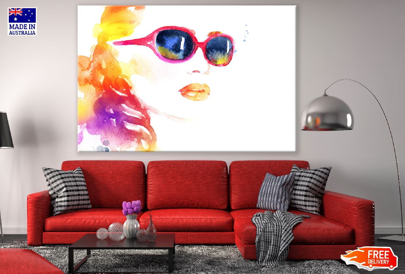 Abstract Woman Face with Sunglasses Watercolor Painting Print 100% Australian Made