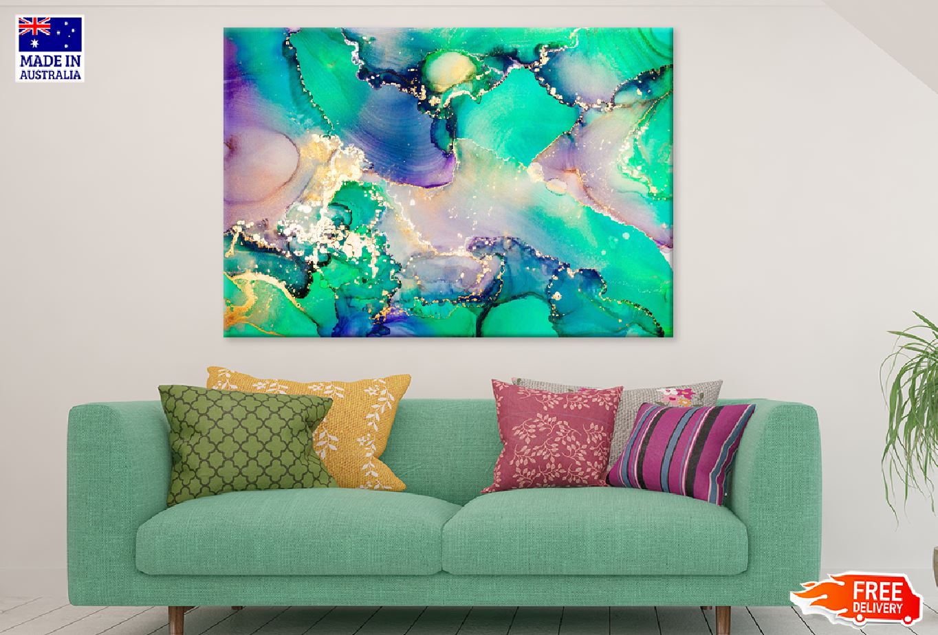 Green Blue & Gold Abstract Design Print 100% Australian Made