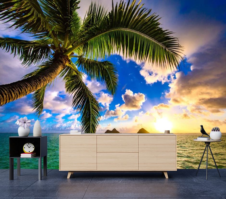 Wallpaper Murals Peel and Stick Removable Palm Tree & Beach at Sunset Photograph High Quality