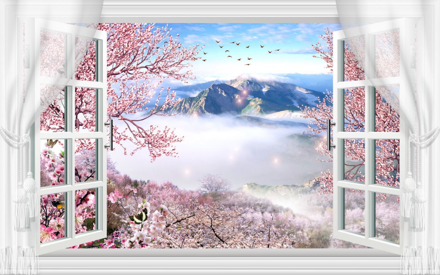 Wallpaper Murals Peel and Stick Removable Flower Trees View form Window High Quality