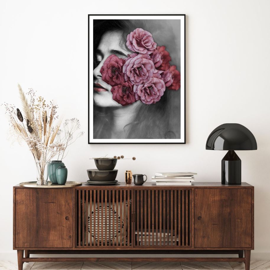 B&W Girl with Red & Pink Flowers Home Decor Premium Quality Poster Print Choose Your Sizes