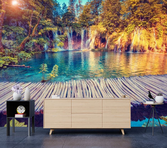 Wallpaper Murals Peel and Stick Removable Stunning Lake with Small Waterfalls with Wooden Pier High Quality