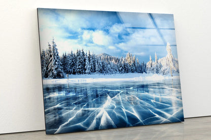 Snow Covered Forest & Frozen Lake Photograph Acrylic Glass Print Tempered Glass Wall Art 100% Made in Australia Ready to Hang