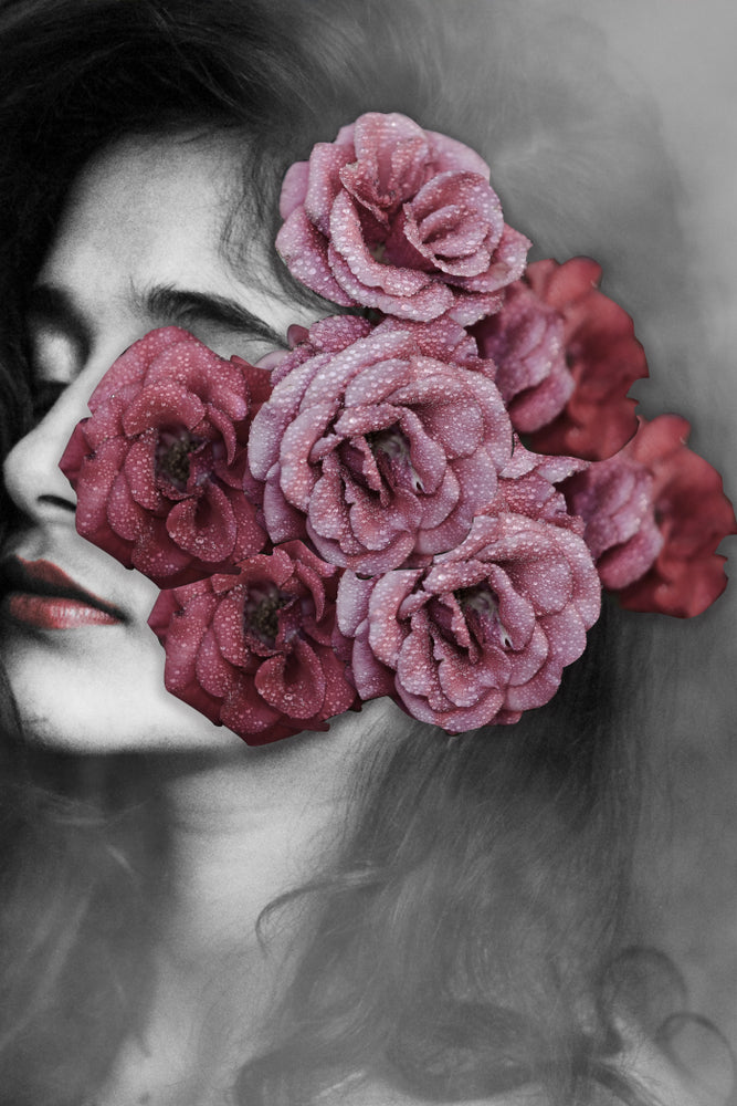 B&W Girl with Red & Pink Flowers Home Decor Premium Quality Poster Print Choose Your Sizes