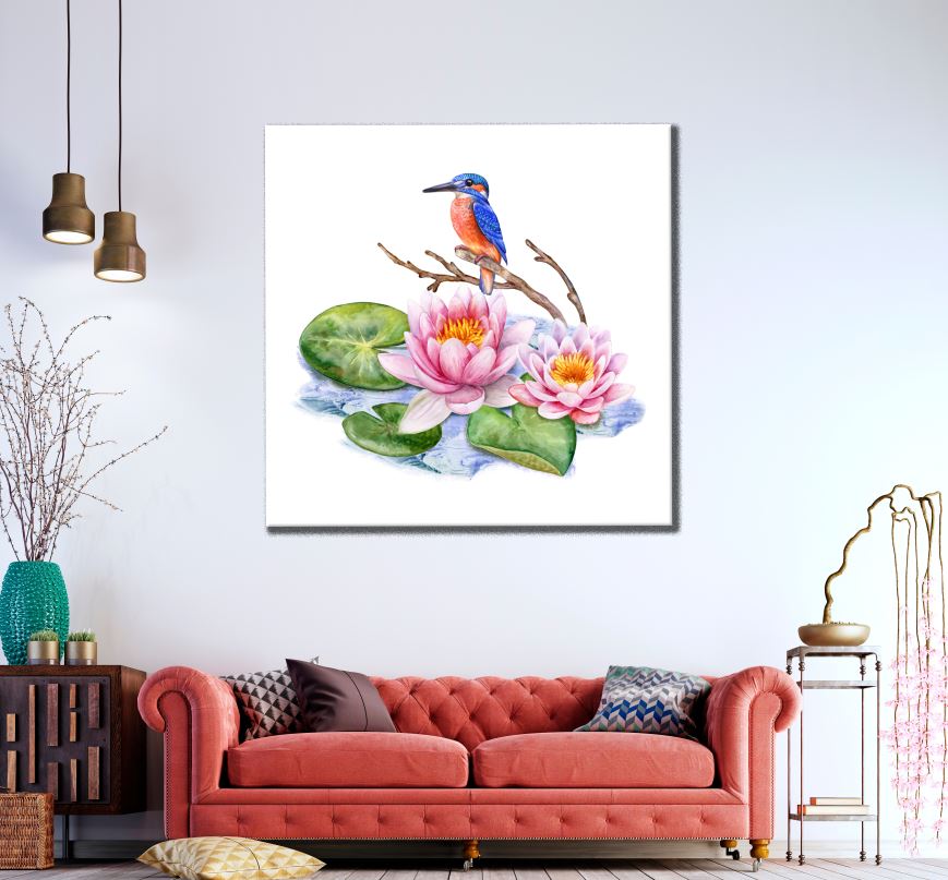 Square Canvas Kingfisher & Flower Painting High Quality Print 100% Australian Made