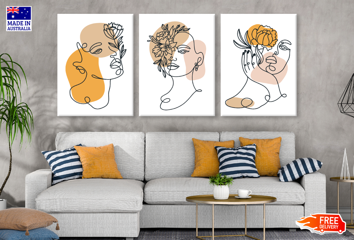 3 Set of Line Art Face Portraits High Quality print 100% Australian made wall Canvas ready to hang