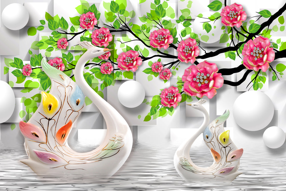 Wallpaper Murals Peel and Stick Removable 3D Swans & Floral Design High Quality