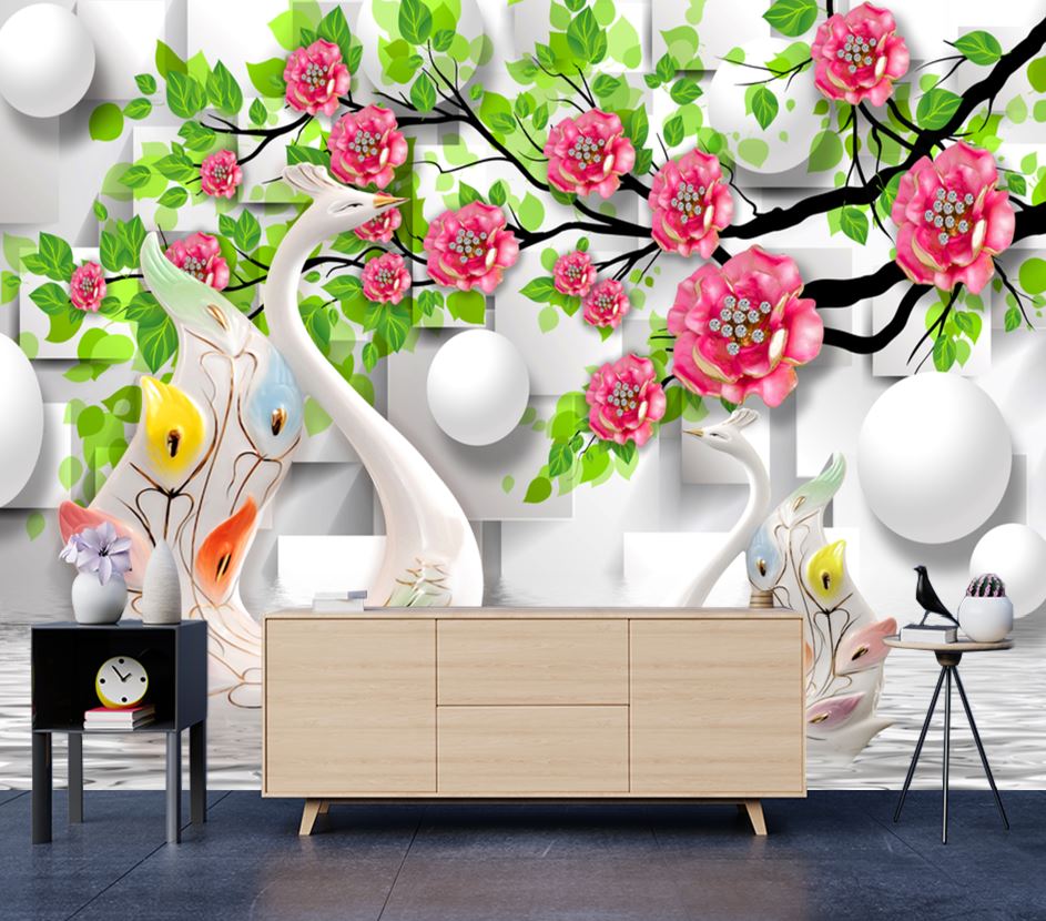 Wallpaper Murals Peel and Stick Removable 3D Swans & Floral Design High Quality