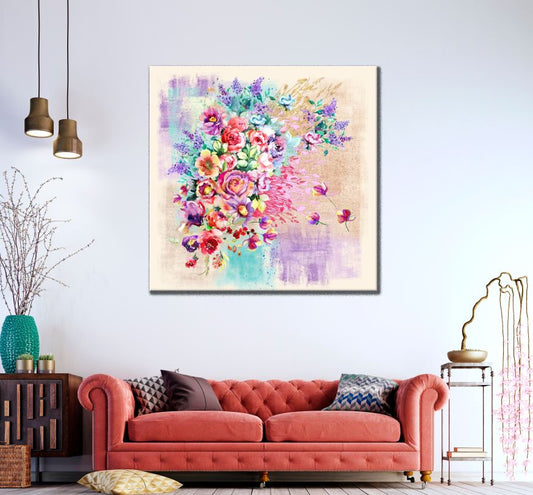 Square Canvas Colourful Flower Bunch Painting High Quality Print 100% Australian Made