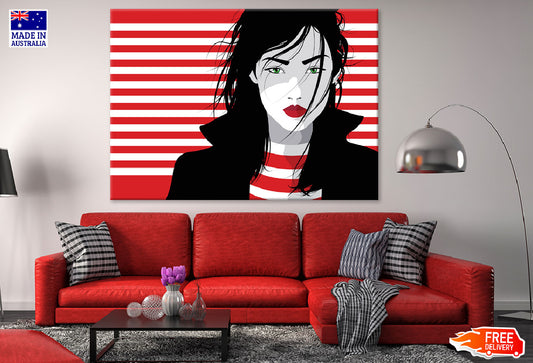 B&W Girl & Red Lines Illustration Print 100% Australian Made