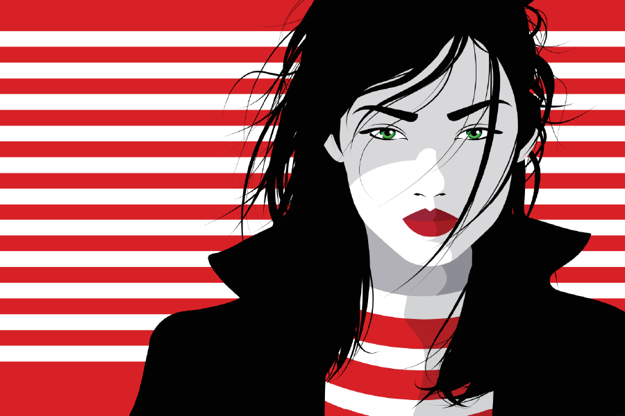 B&W Girl & Red Lines Illustration Print 100% Australian Made