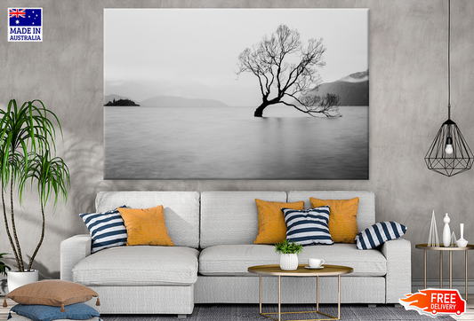 Tree On Lake Sky View B&W Photograph Print 100% Australian Made