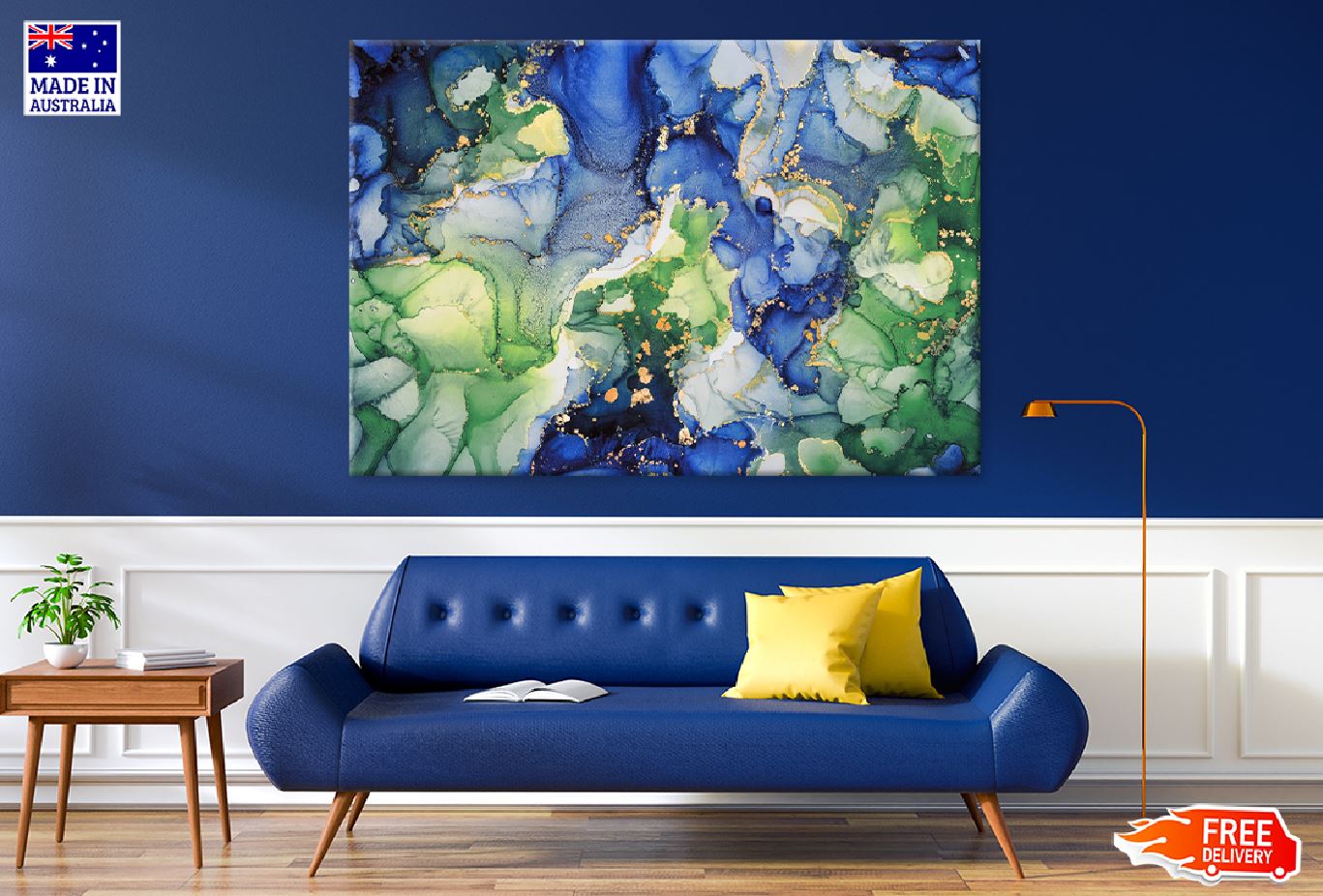 Dark Blue & Green Gold Abstract Design Print 100% Australian Made