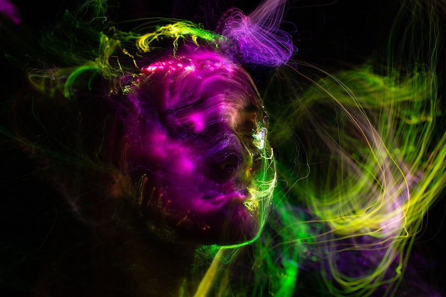 Purple Yellow & Green Digital Woman Face Abstract Design Print 100% Australian Made