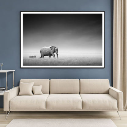 Elephant on Firld B&W Photograph Home Decor Premium Quality Poster Print Choose Your Sizes