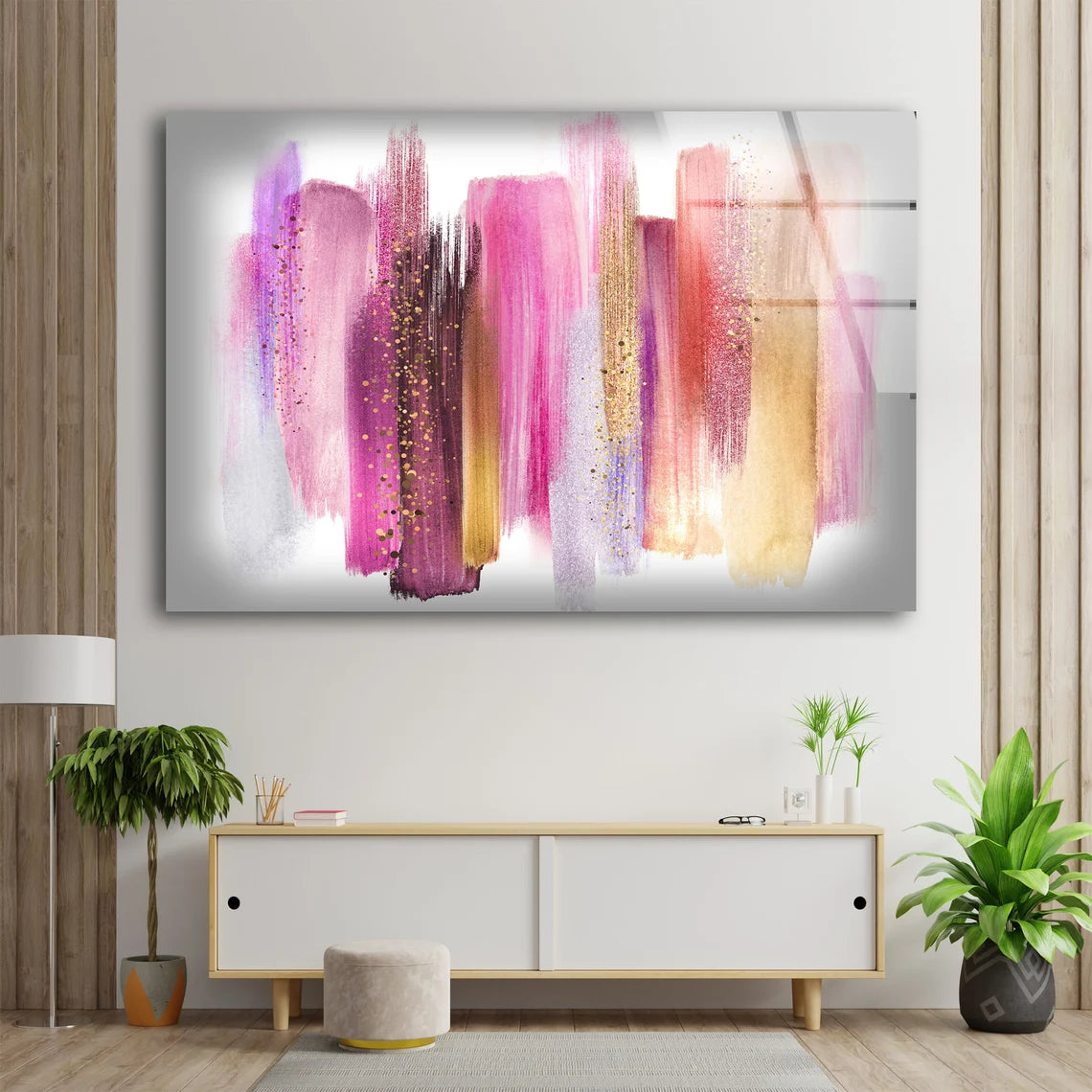 Pink Brown & Gold Abstract Paint Stripes Design Acrylic Glass Print Tempered Glass Wall Art 100% Made in Australia Ready to Hang