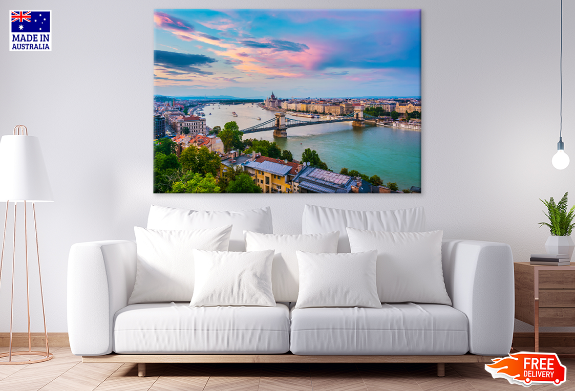 Bridge On Lake & City Sunset Scenery Print 100% Australian Made