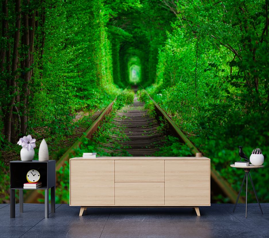 Wallpaper Murals Peel and Stick Removable Grass Over Rail Tracks High Quality