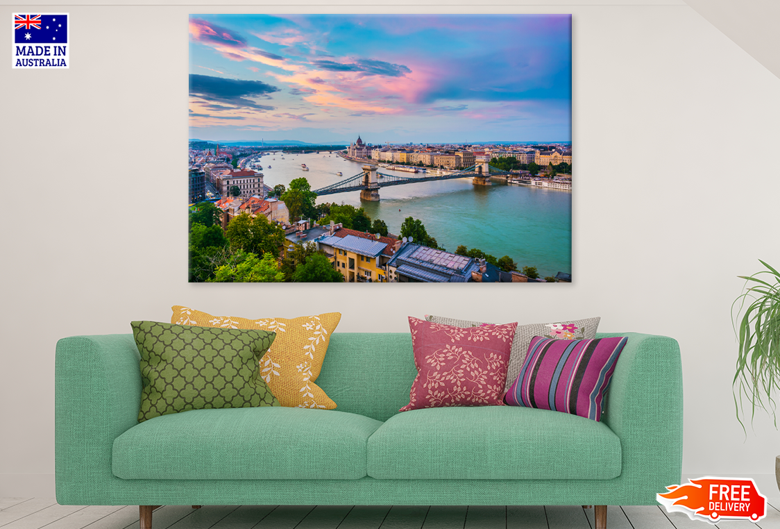 Bridge On Lake & City Sunset Scenery Print 100% Australian Made