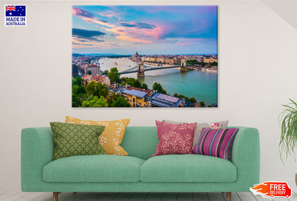 Bridge On Lake & City Sunset Scenery Print 100% Australian Made
