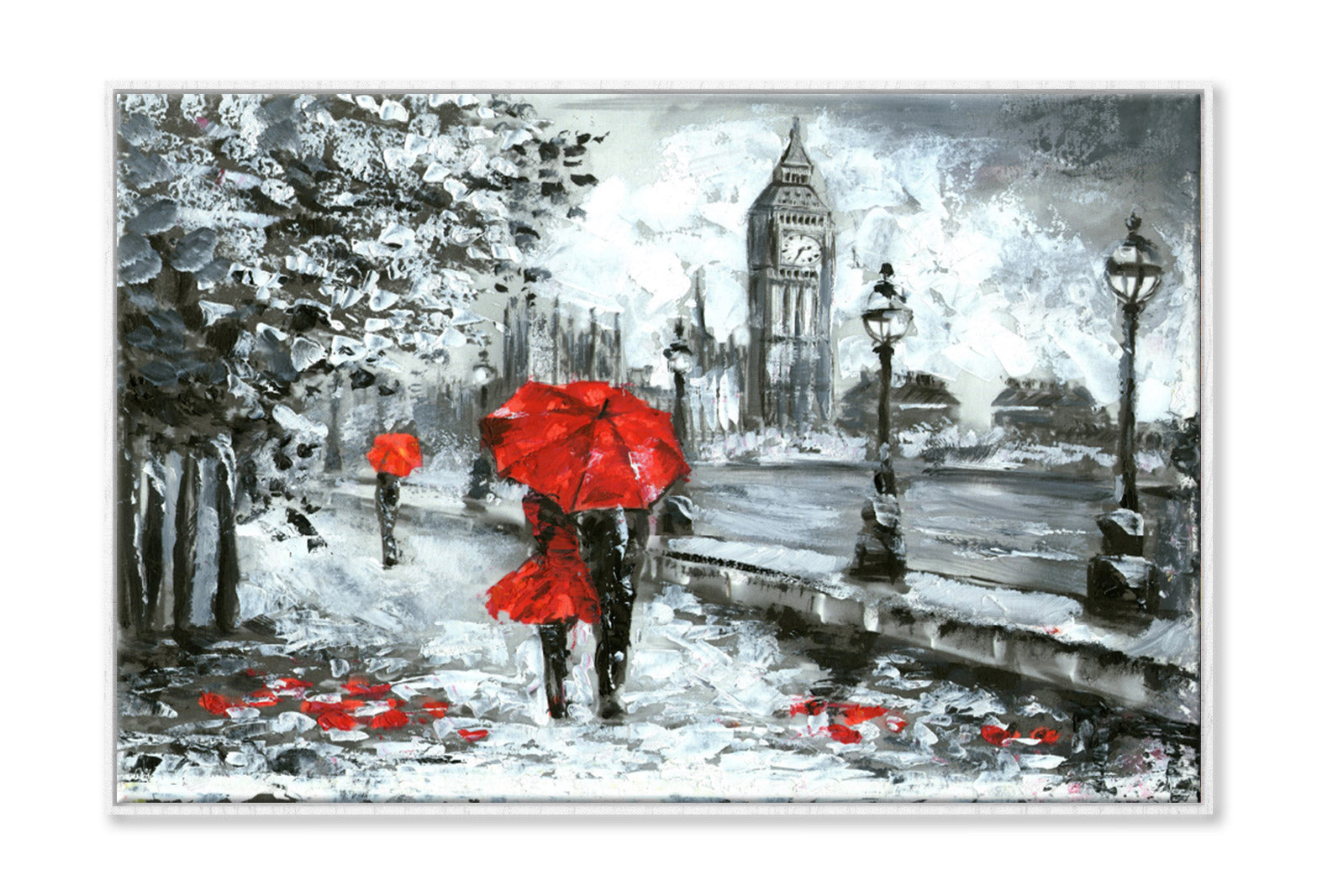 Red Umbrella Couple & Big Ben B&W Oil Painting Wall Art Limited Edition High Quality Print Canvas Box Framed White