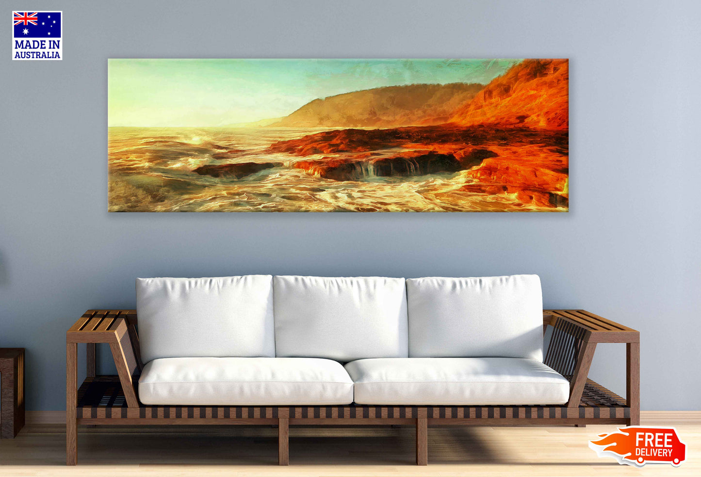 Panoramic Canvas Sea Waves Rocks Painting High Quality 100% Australian Made Wall Canvas Print Ready to Hang